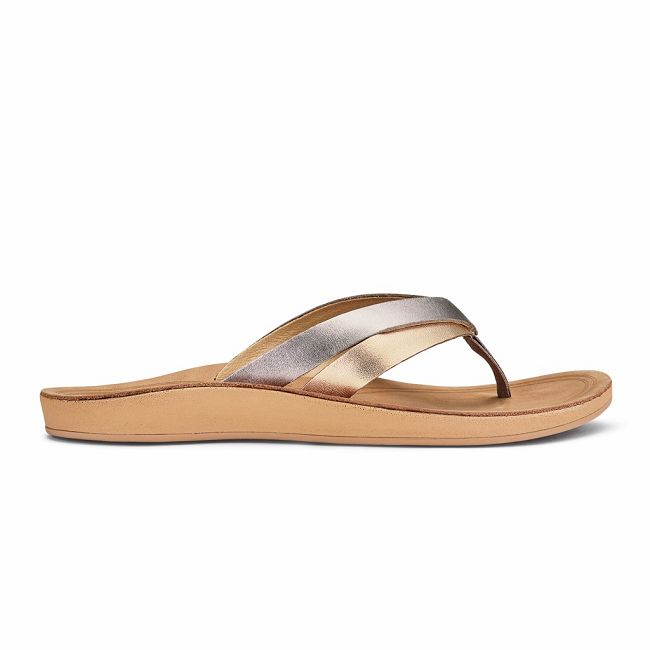 Olukai Women's Kaekae Flip Flop - Silver / Golden Sand US763-459